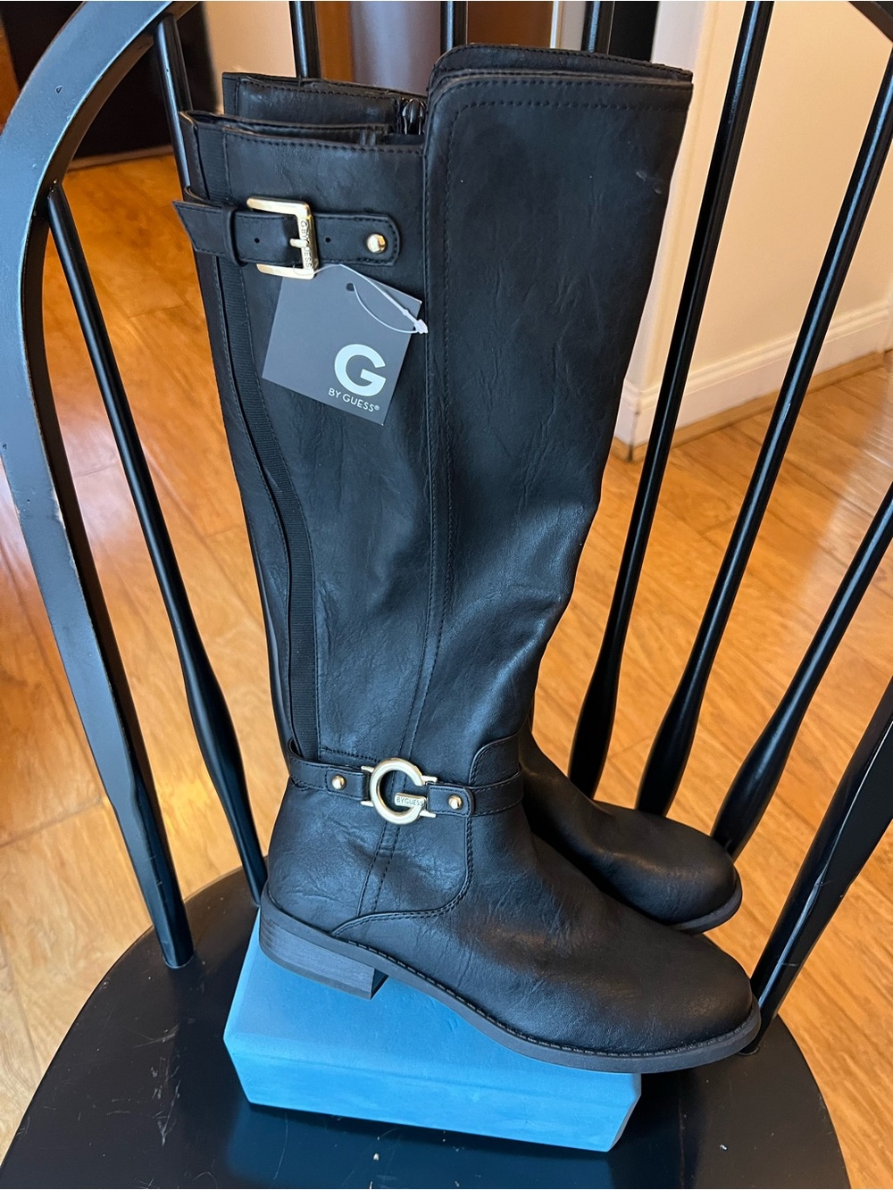 G by Guess Black Tall Riding Boots with Gold G Buckle